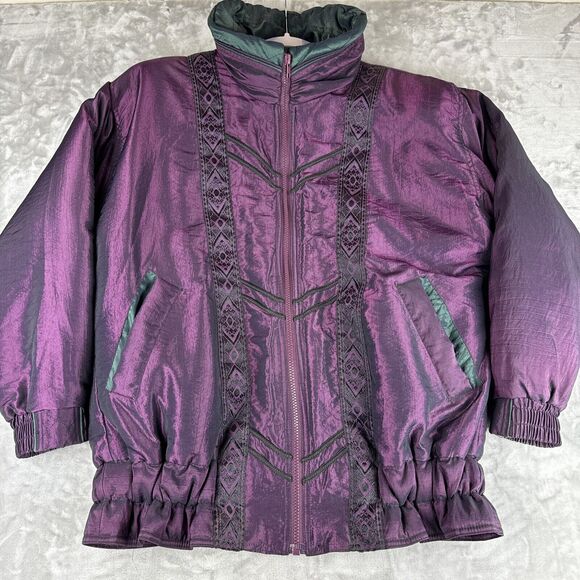Vintage Izzi Puffer Coat Women's S/M Metallic‎ Purple Green Shimmer Aztec (0950) - Picture 1 of 11